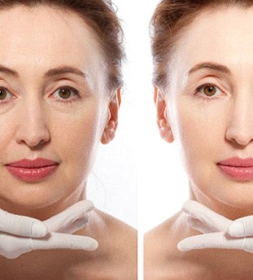 Woman with before-and-after images showing difference