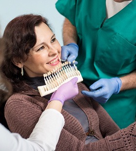 Dentist using shade guide in Delafield