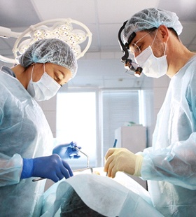 Dental professionals performing dental implant placement on a patient 