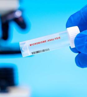 Person holding a tube that says Microbiome Analysis 