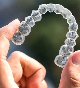 A person holding up a clear Invisalign aligner 